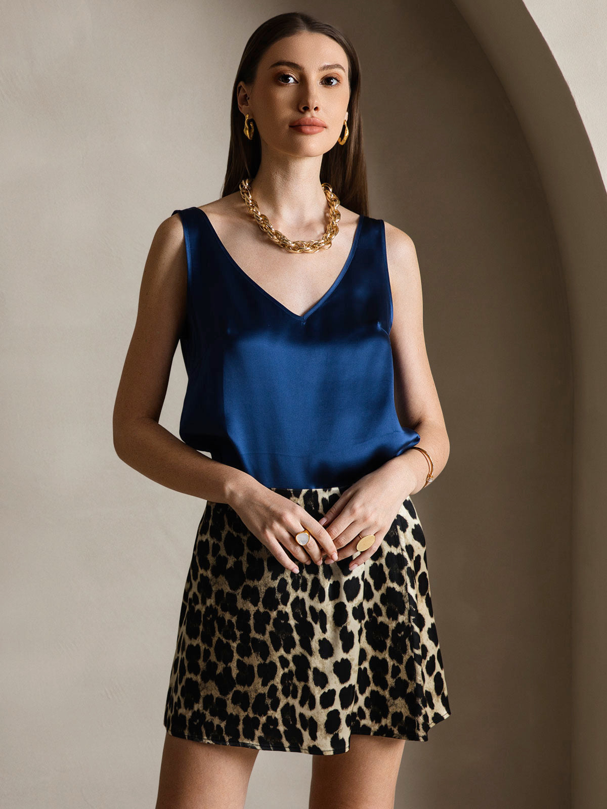 [Mörkblå] SilkSilky-SE 19Momme Ärmlös V Ringning Cami Toppar 001