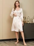 SilkSilky SE Rent Silke 3/4 Ärm Nightgown&Robe Set Elfenben 006