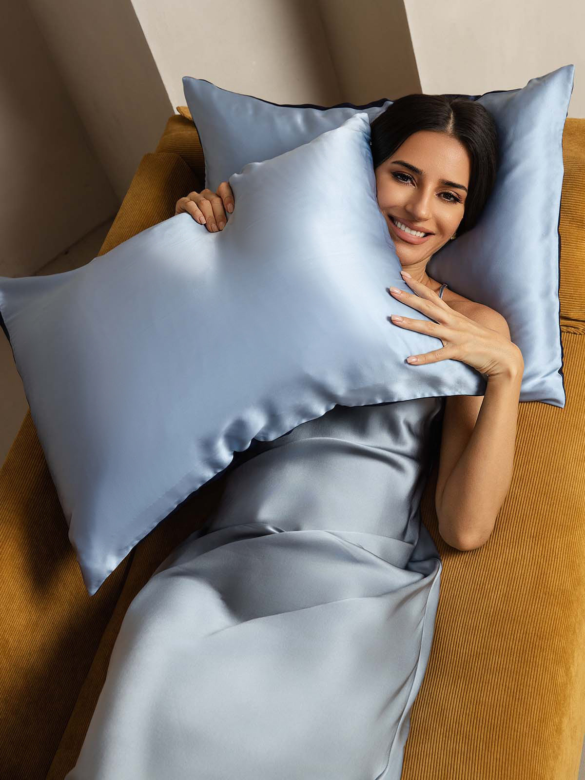 [Mörkblå+Ljusblå] SilkSilky-SE 19Momme Rent Silke Pillowcase 004
