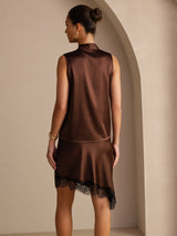 [Mörk Choklad] SilkSilky-SE Sleeveless Tie Neck Cami Toppar 002