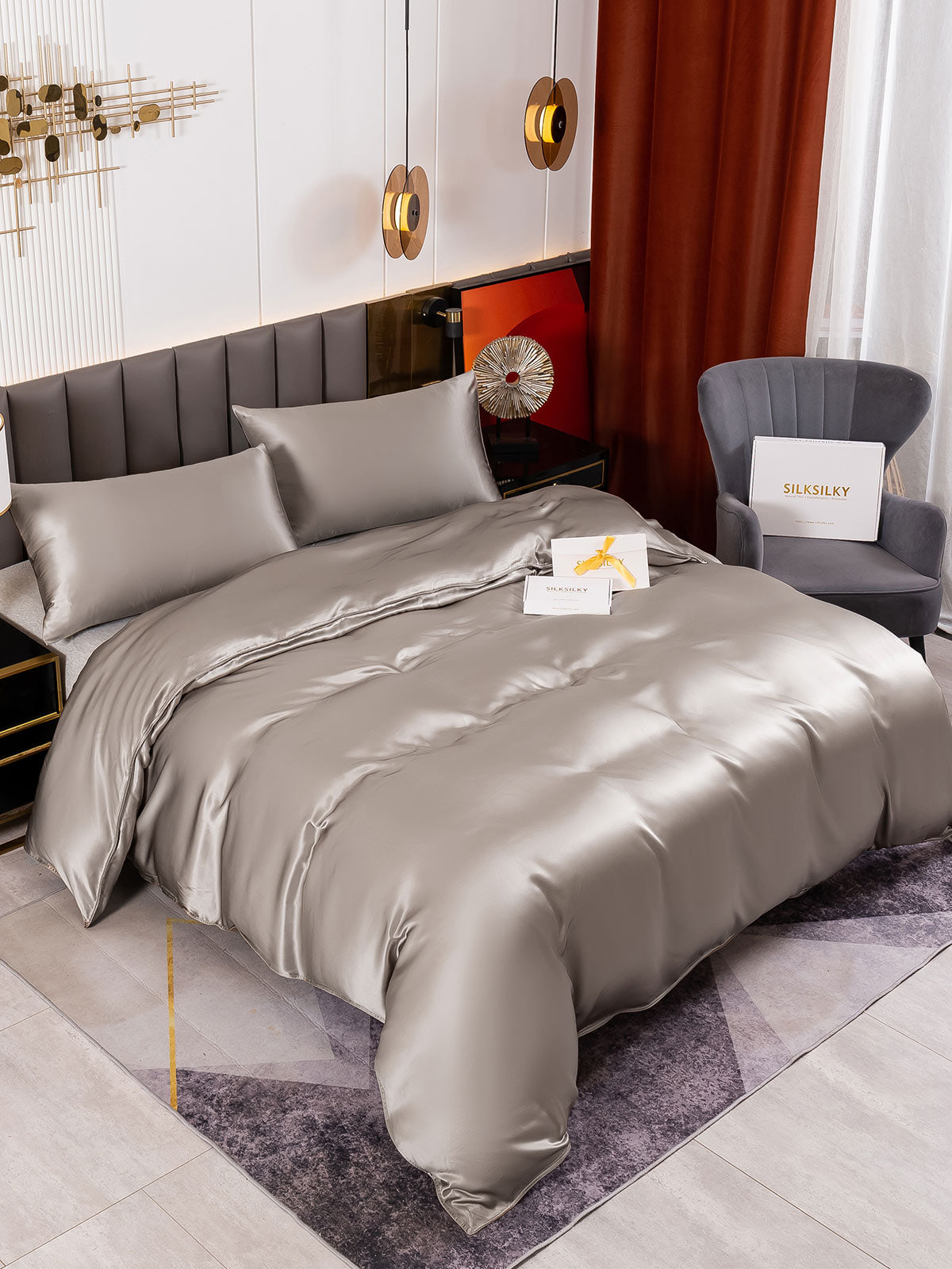 SilkSilky SE 19Momme Rent Silke Bedding Set Grå 001