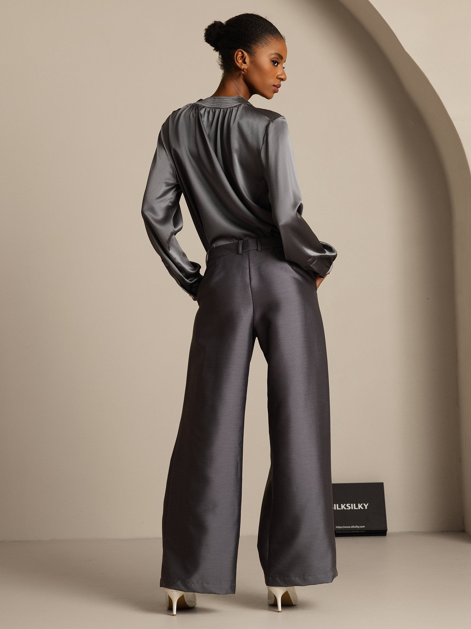 [Grå] SilkSilky-SE 32Momme Silk-Wool Blend Womens Pants 002,