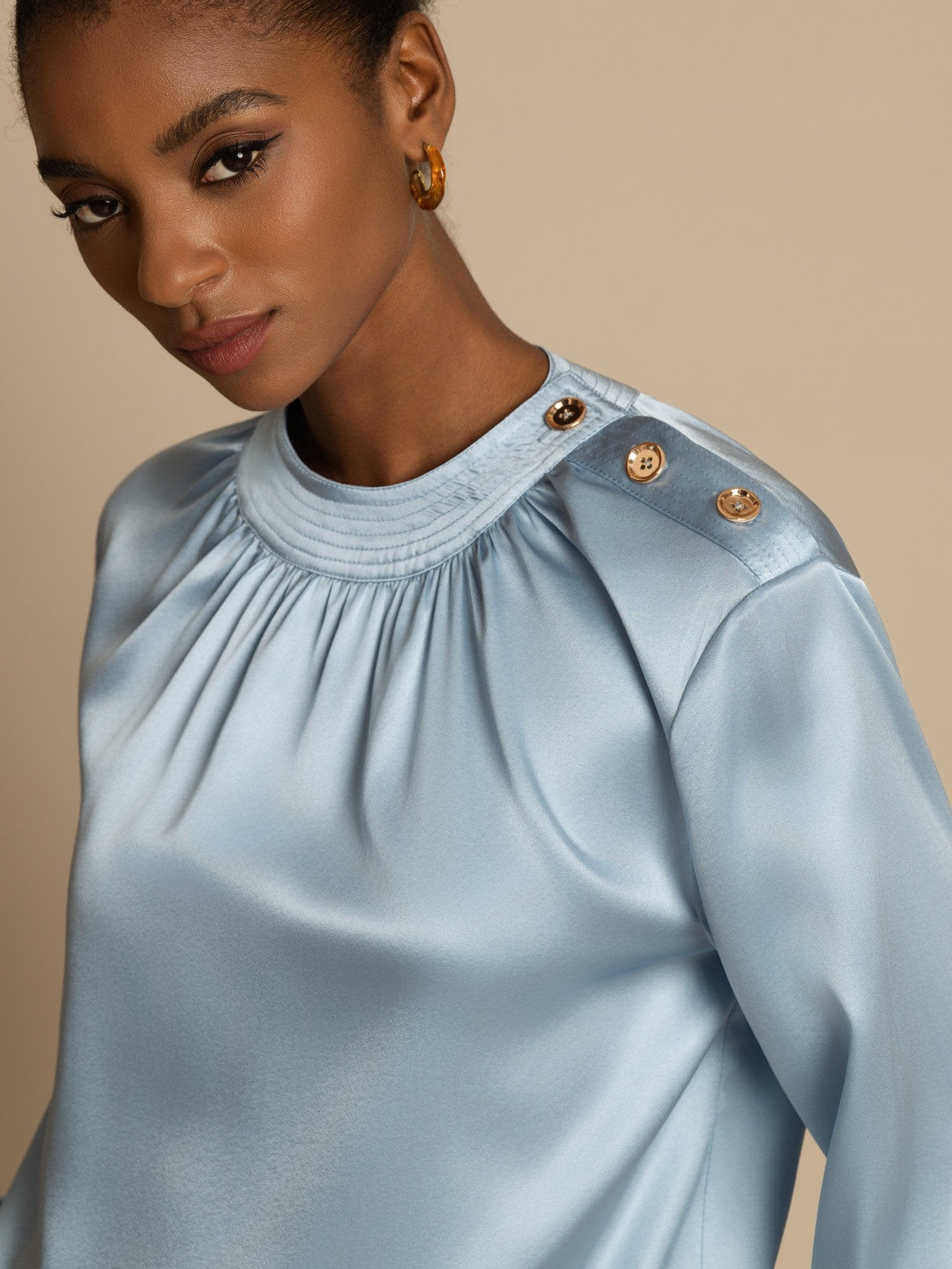 [Gråblå] SilkSilky-SE 19Momme Silke Lång Ärm Rund Halsringning Blus 006