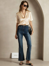 [Champagne] SilkSilky-SE Short Sleeve Lapel Collar Damskjorta 007