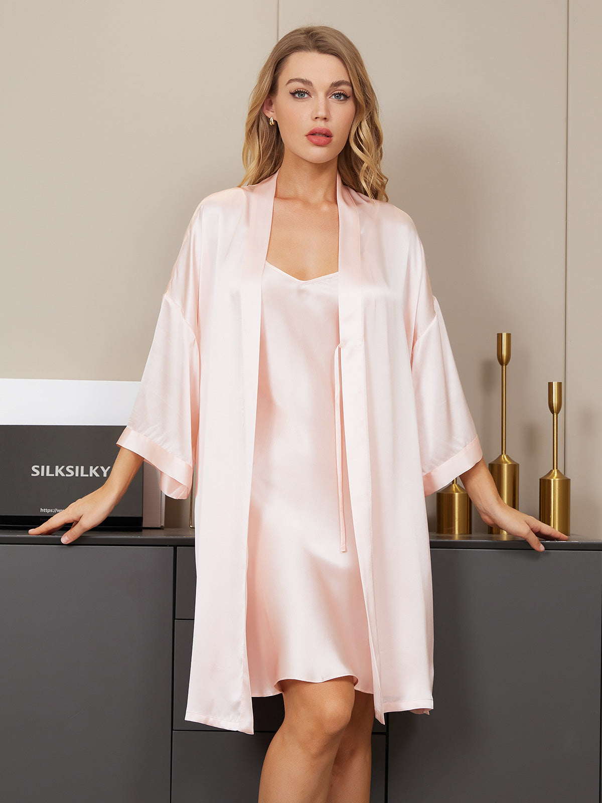 [Ljusrosa] SilkSilky-SE Rent Silke Nightgown&Robe Set 004