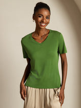 [Grön] SilkSilky-SE Short Sleeve V Neck Dam T-Shirt 003