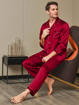 [Röd] SilkSilky-SE Long Sleeve Lapel Collar Herr Pyjama 006