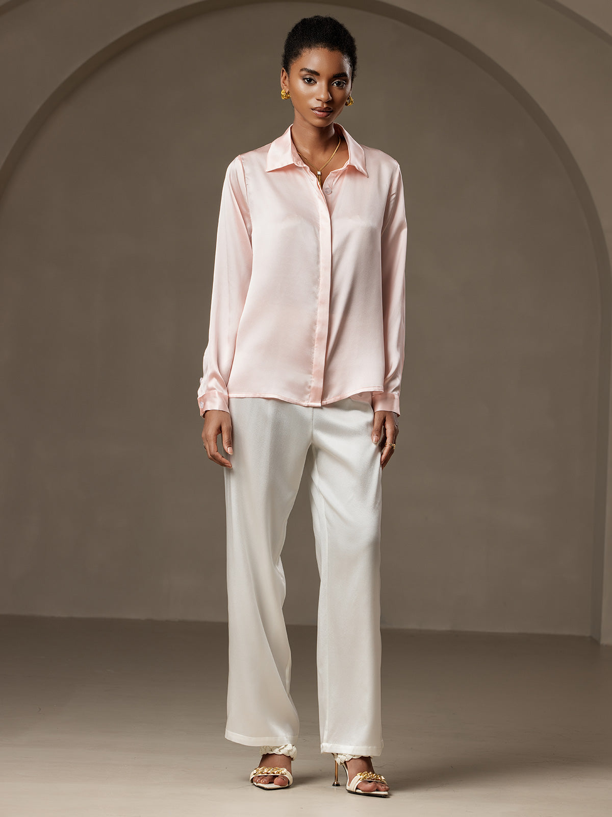 [Rosa] SilkSilky-SE 19Momme Silke Lapel Collar Damskjorta 007