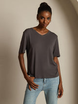 [Grå] SilkSilky-SE Kort Ärm V Ringning Dam T-Shirt 008