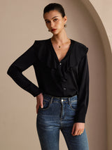 [Svart] SilkSilky-SE Long Sleeve Deep V Neck Damblusar 004