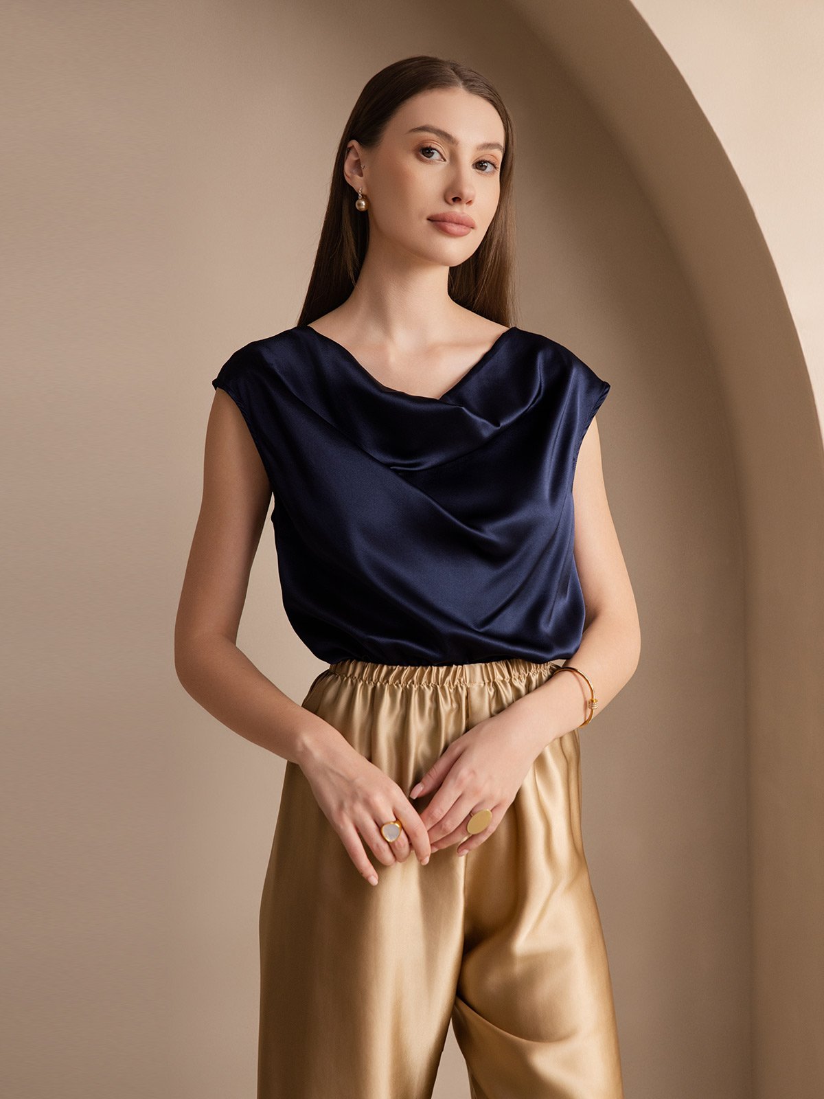 [Mörkblå] SilkSilky-SE 19Momme Kappärm Cowl Halsringning Dam T-Shirt 003