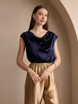 [Mörkblå] SilkSilky-SE Kappärm Cowl Neck Dam T-Shirt 003