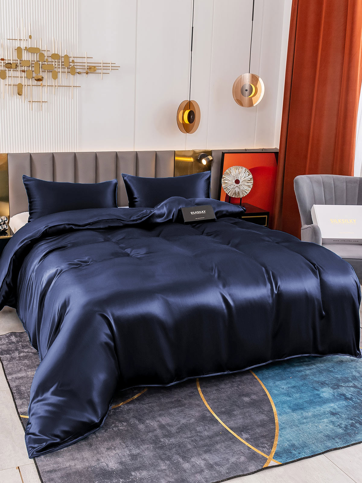 SilkSilky SE 19Momme Rent Silke Bedding Set Mörkblå 004