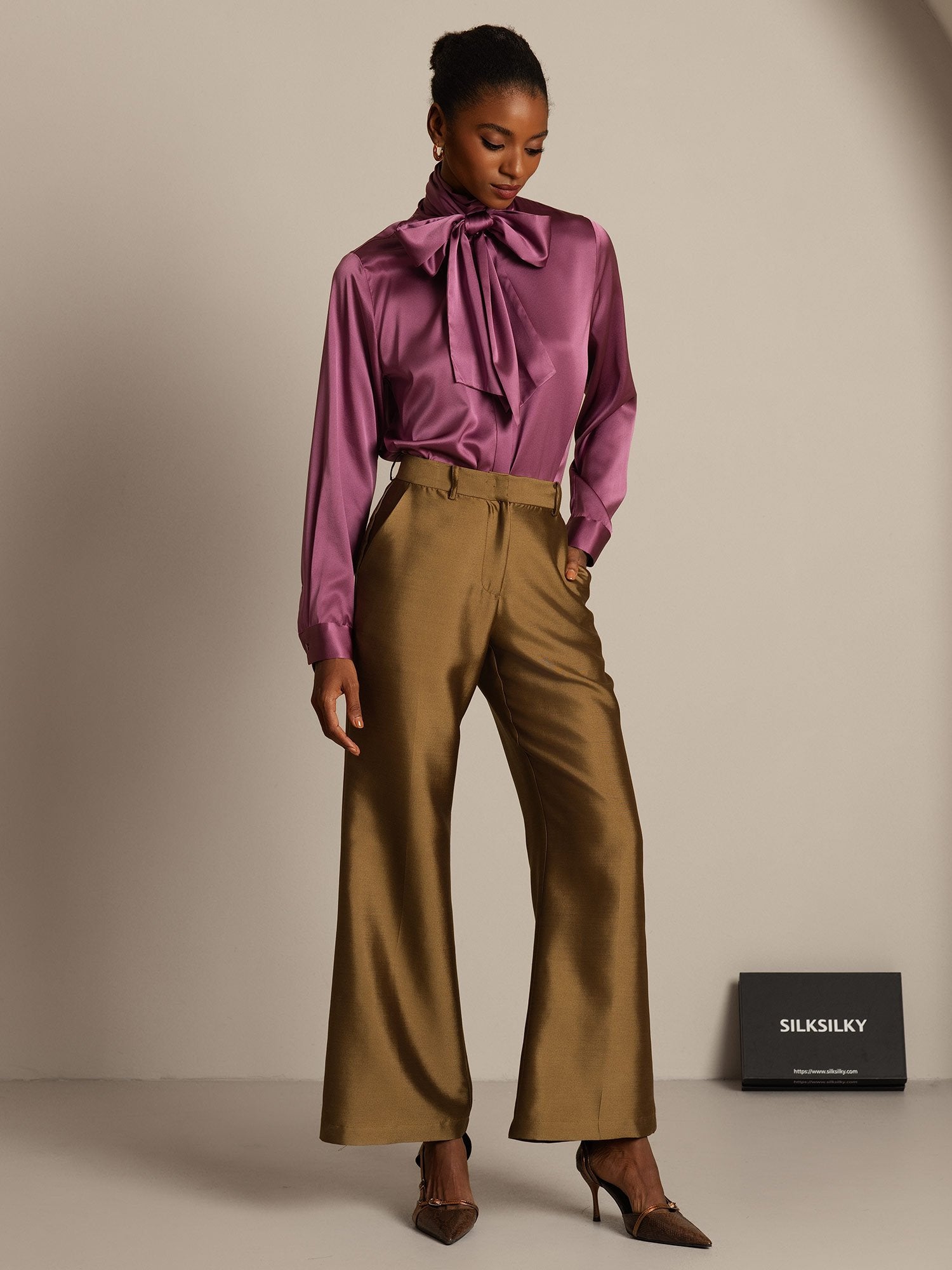 [Brons] SilkSilky-SE 32Momme Silk-Wool Blend Womens Pants 003,