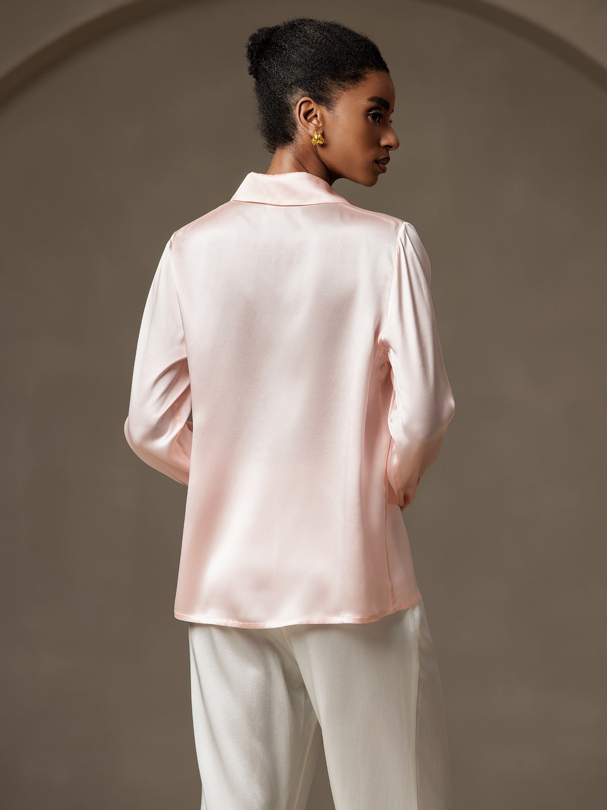 [Rosa] SilkSilky-SE 19Momme Silke Lapel Collar Damskjorta 002