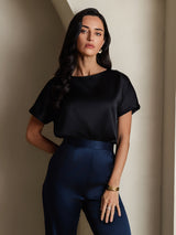 [Svart] SilkSilky-SE 19Momme Kort Ärm Båtringad Dam T-Shirt 004