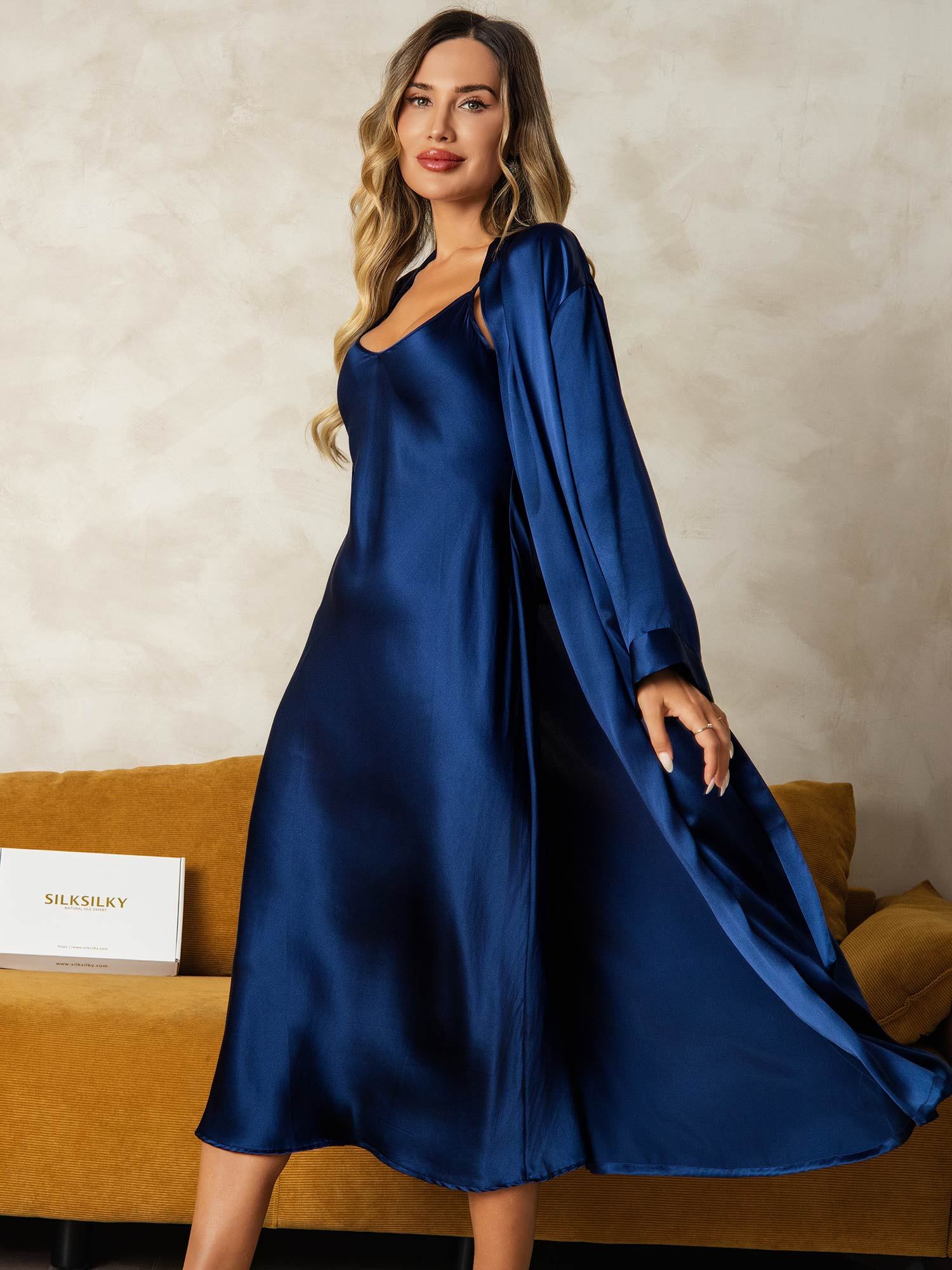 [Mörkblå] SilkSilky-SE Rent Silke Nightgown&Robe Set 004