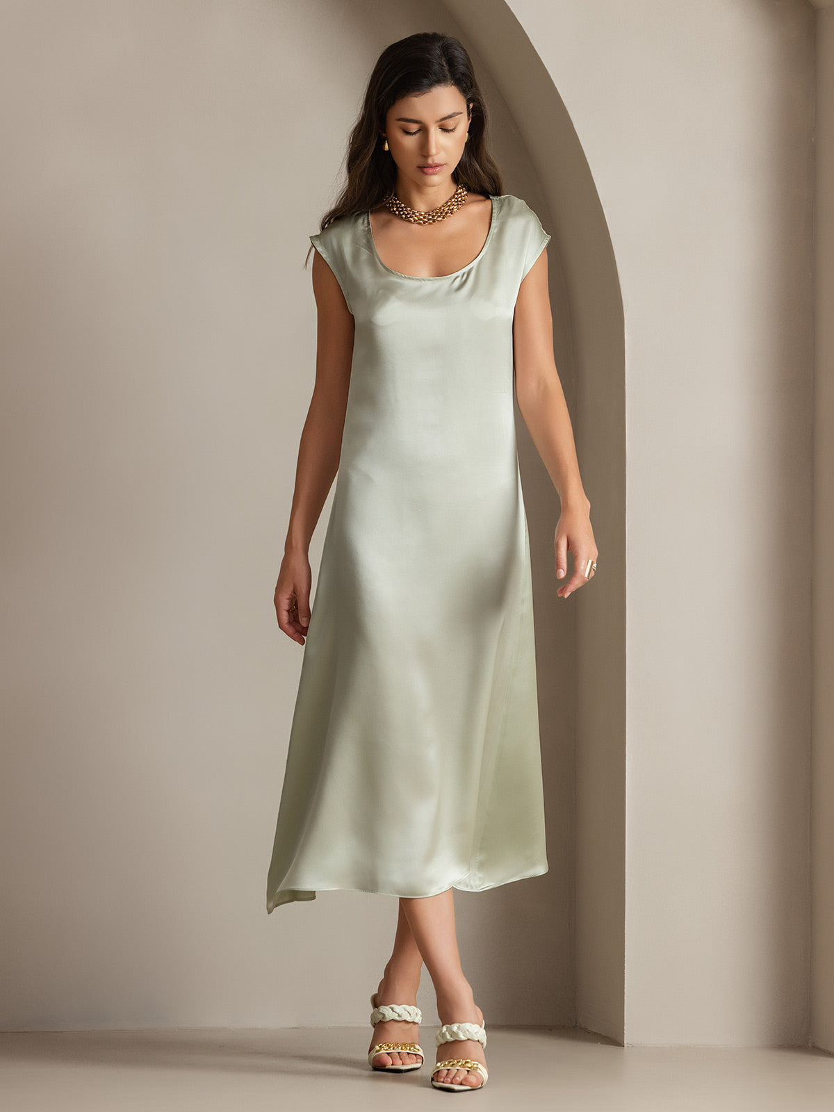 SilkSilky-SE 19Momme Silke Ärmlös Dress Ljusgrön 002