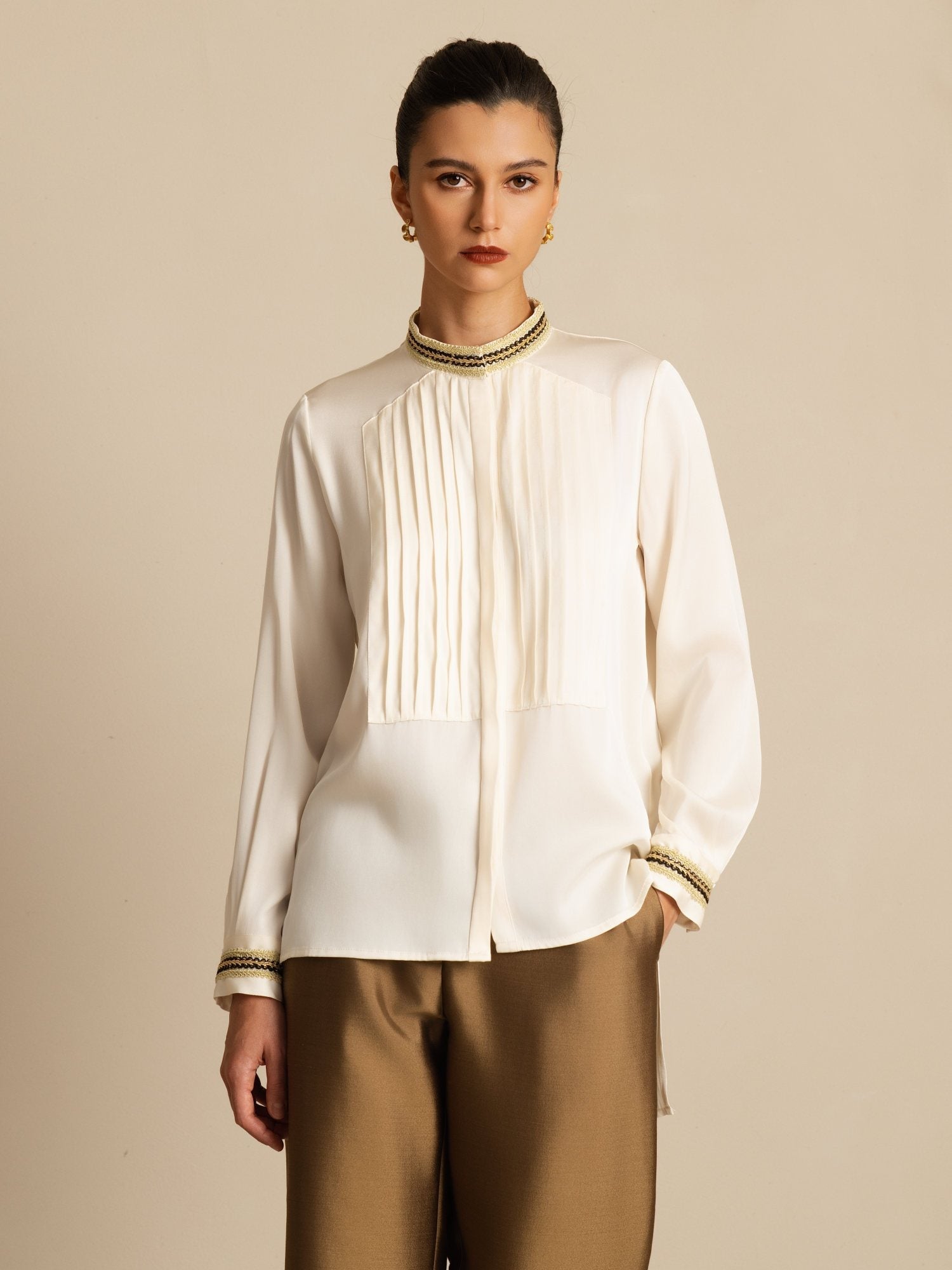 [Havspärla] SilkSilky-SE 19Momme Silke Lång Ärm Ståkrage Blus 001