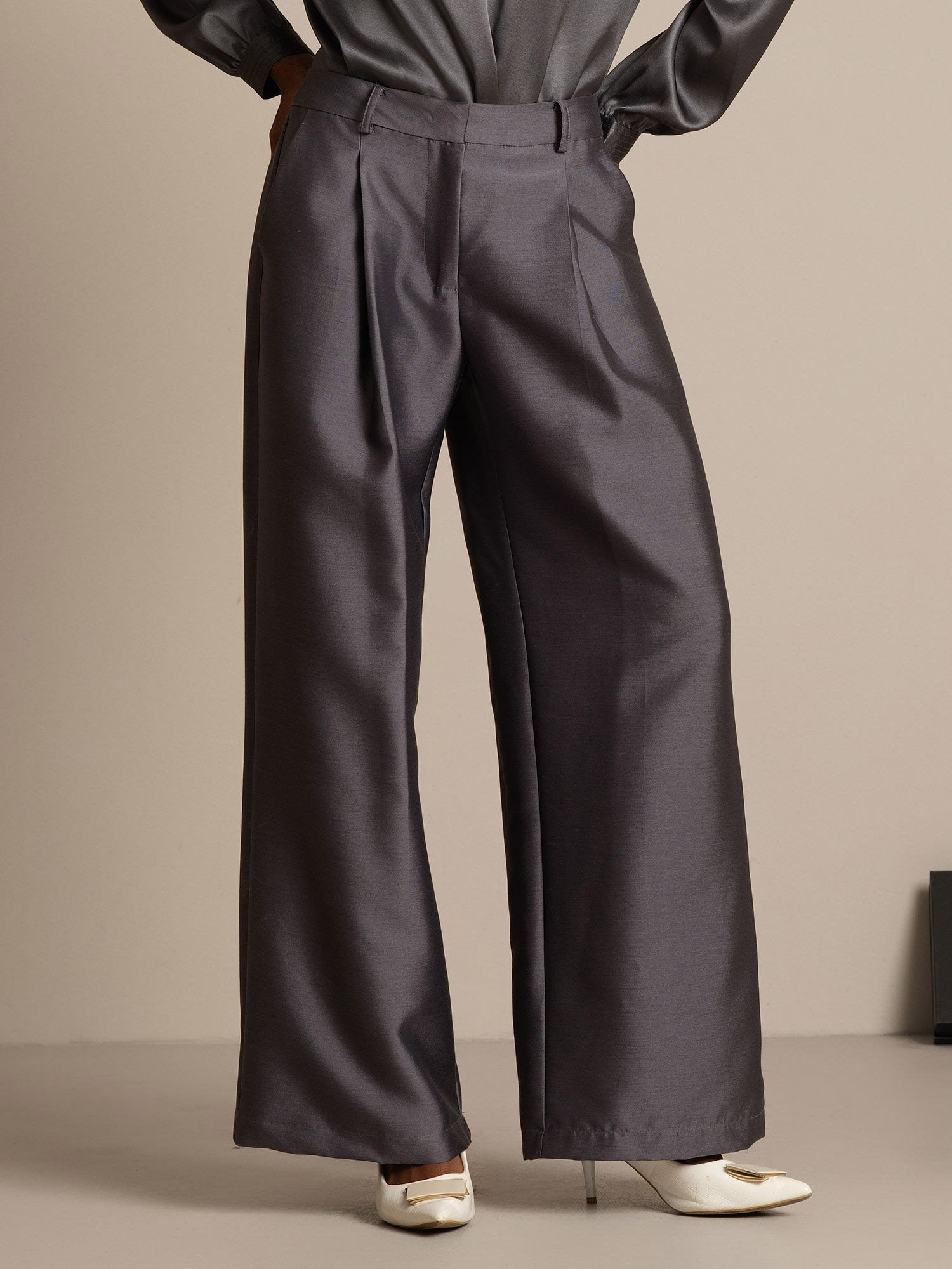 [Grå] SilkSilky-SE 32Momme Silk-Wool Blend Womens Pants 007,