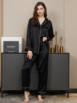 [Svart] SilkSilky-SE Long Sleeve Lapel Collar Dam Pyjama 001