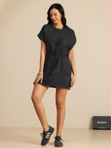 [Svart] SilkSilky-SE 18Momme Kappärm Henley-halsringning Klänning 006