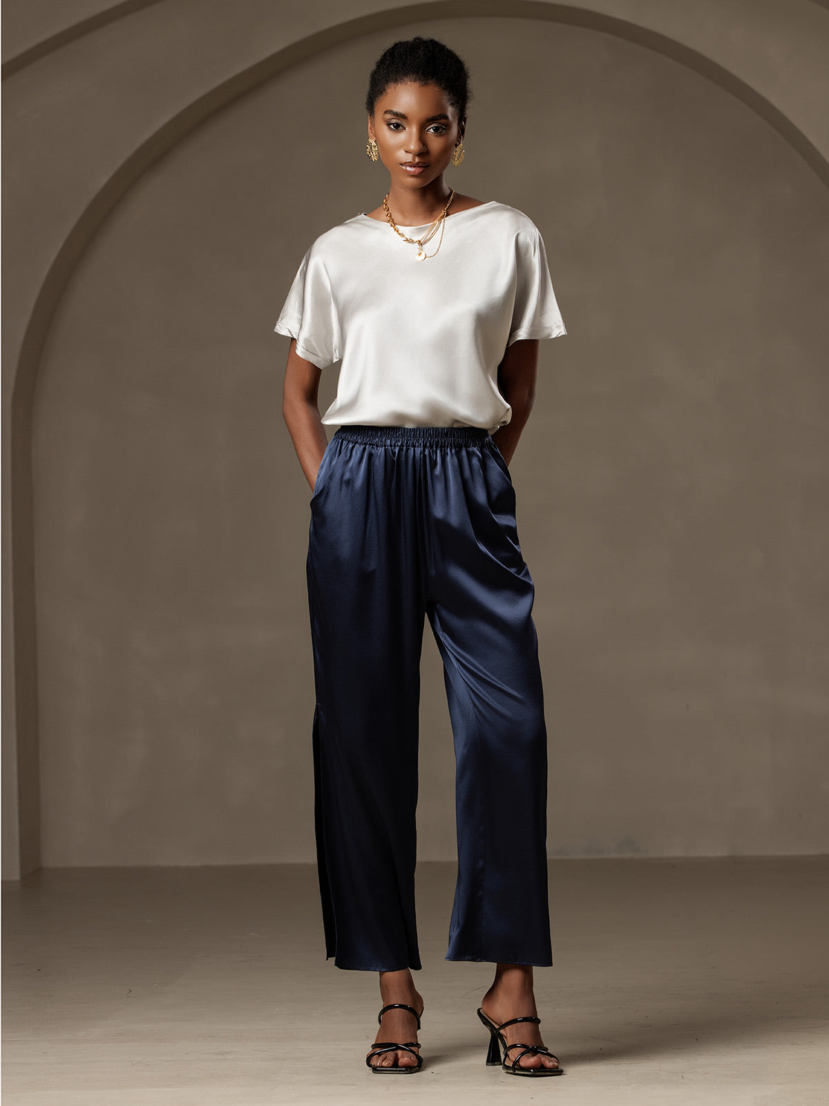 [Ljusgrå] SilkSilky-SE 19Momme Silke Womens T-Shirt 006,