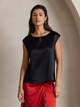 [Svart] SilkSilky-SE Cap Sleeve Round Neck Dam T-Shirt 001