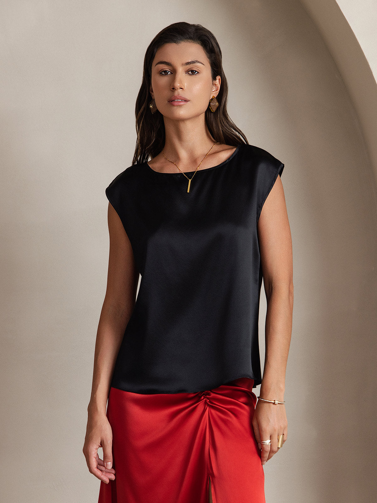 [Svart] SilkSilky-SE 19Momme Kappärm Rund Halsringning Dam T-Shirt 001