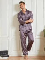 [Lila Grå] SilkSilky-SE Long Sleeve Lapel Collar Herr Pyjama 001
