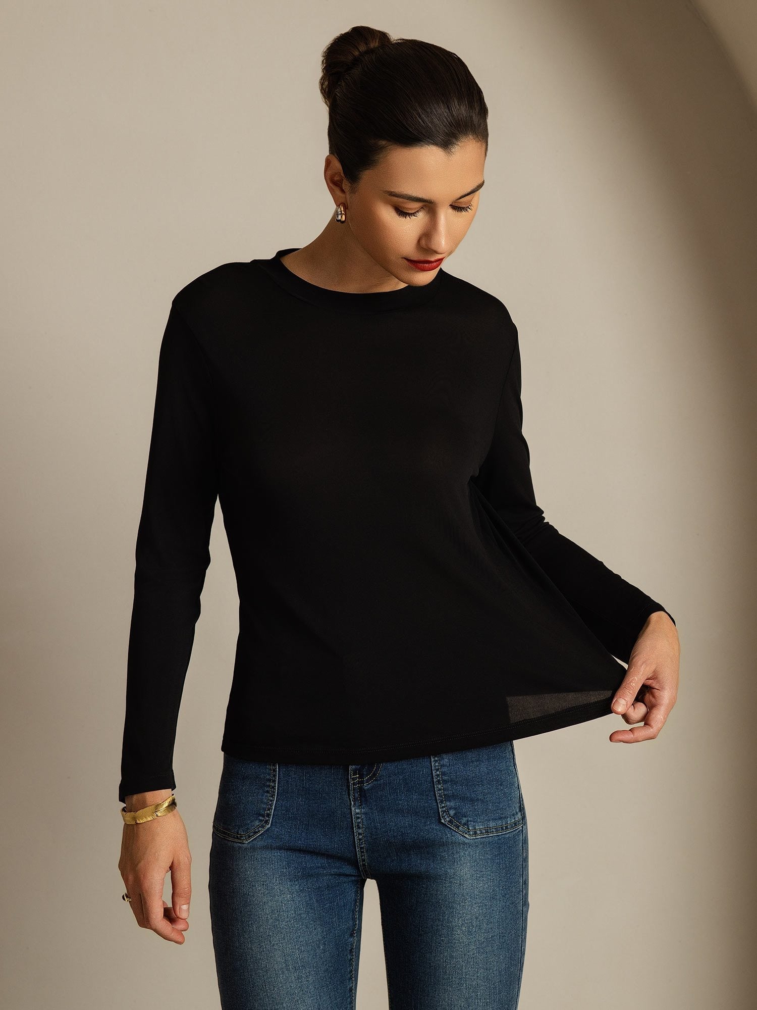 [Svart] SilkSilky-SE Rent Silke Womens T-Shirt 003,