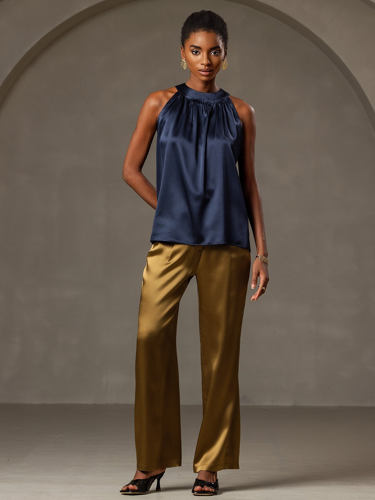 [Mörkblå] SilkSilky-SE 19Momme Silke Womens T-Shirt 005