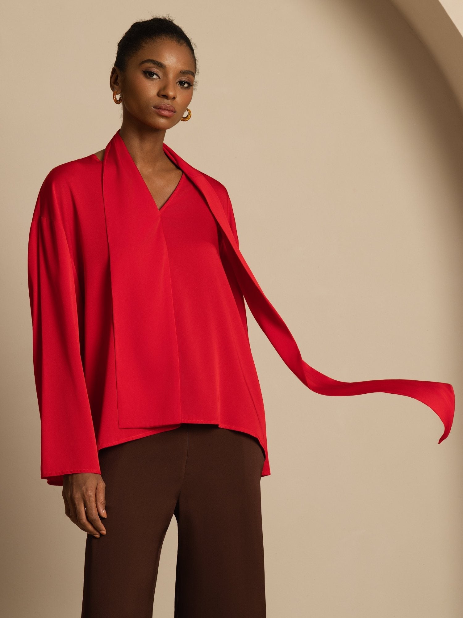 [Vin] SilkSilky-SE 19Momme Silke Lång Ärm V Ringning Blus 003