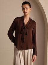 [Mörk Choklad] SilkSilky-SE Long Sleeve Tie Neck Damblusar 003
