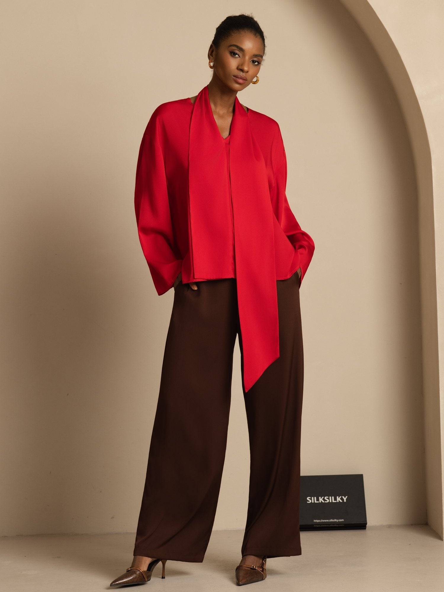 [Vin] SilkSilky-SE 19Momme Silke Lång Ärm V Ringning Blus 006