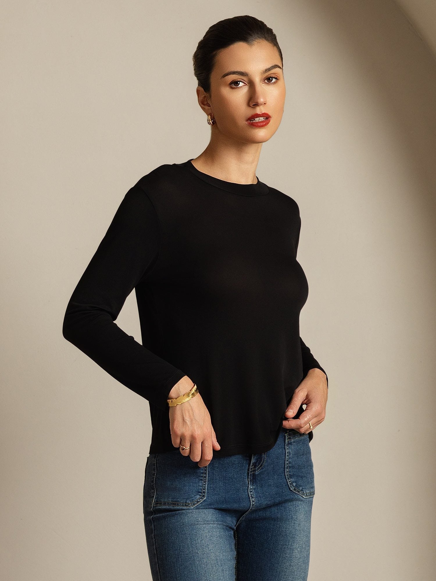 [Svart] SilkSilky-SE Rent Silke Womens T-Shirt 006,