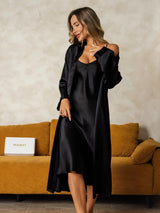 [Svart] SilkSilky-SE Long Sleeve V Neck Dam Nattlinne&Morgonrock Set 003