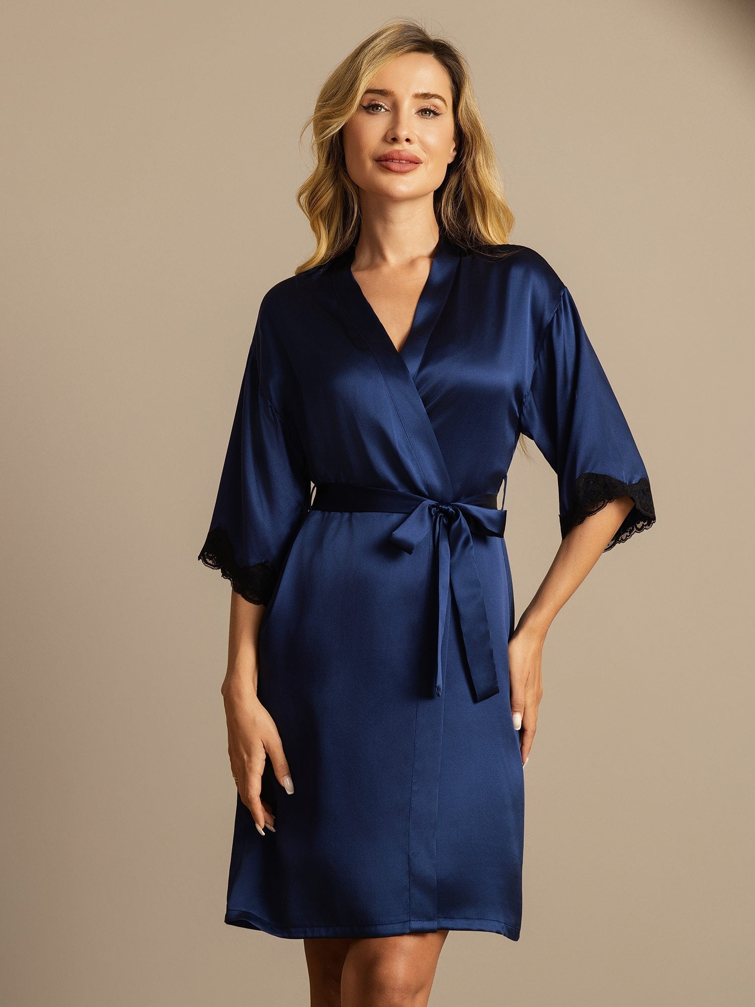 [Mörkblå] SilkSilky-SE Rent Silke Womens Robe 001