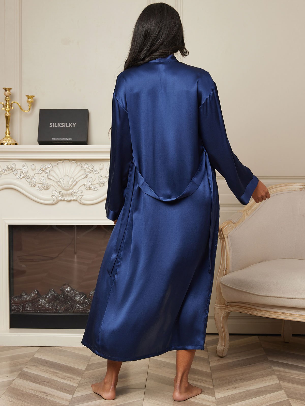 [Mörkblå] SilkSilky-SE Rent Silke Womens Robe 002
