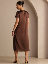 [Mörk Choklad] SilkSilky-SE Short Sleeve Round Neck Klänning 002