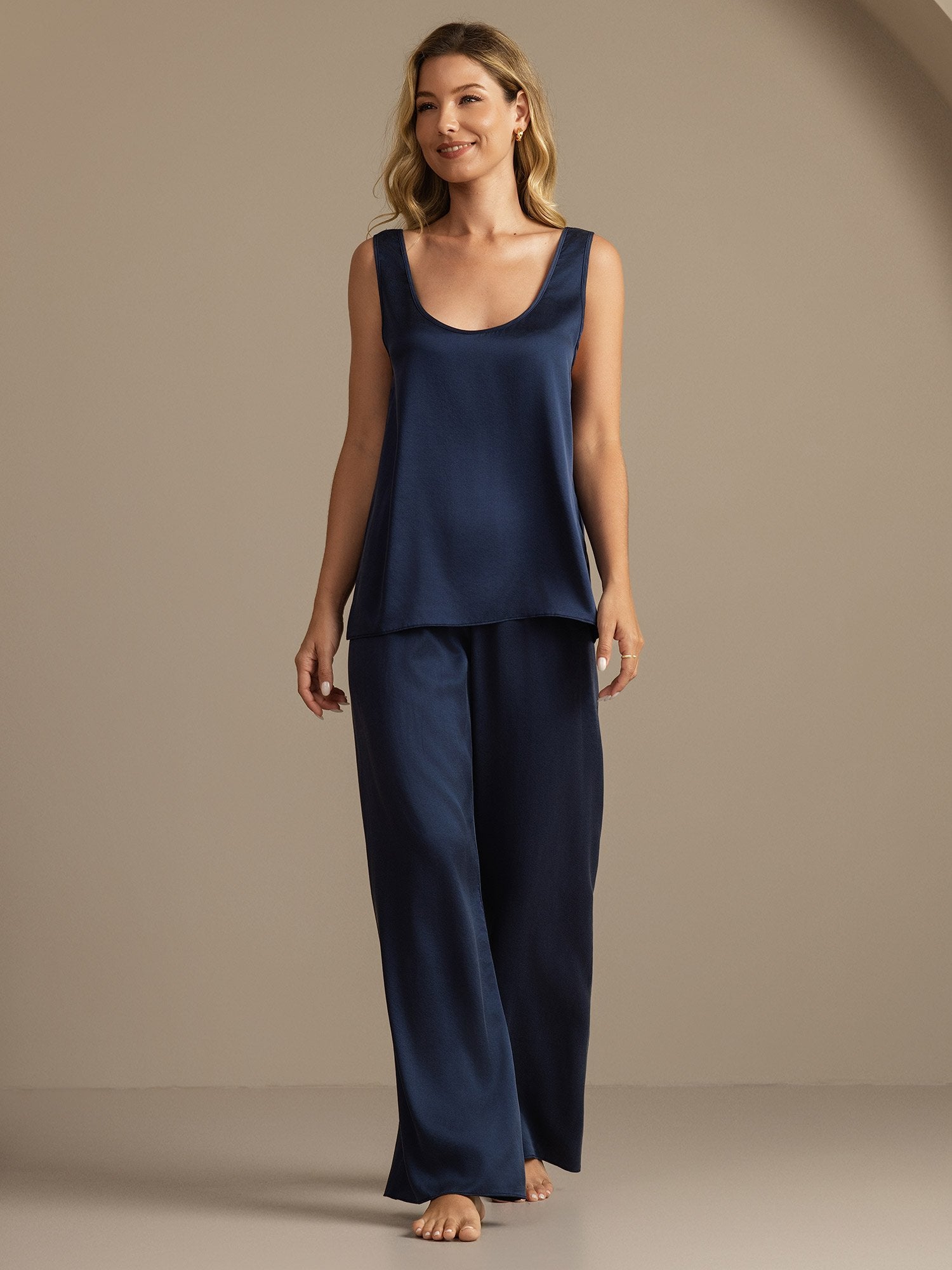 [Mörkblå] SilkSilky-SE 19Momme Silke Womens Pajamas 006,