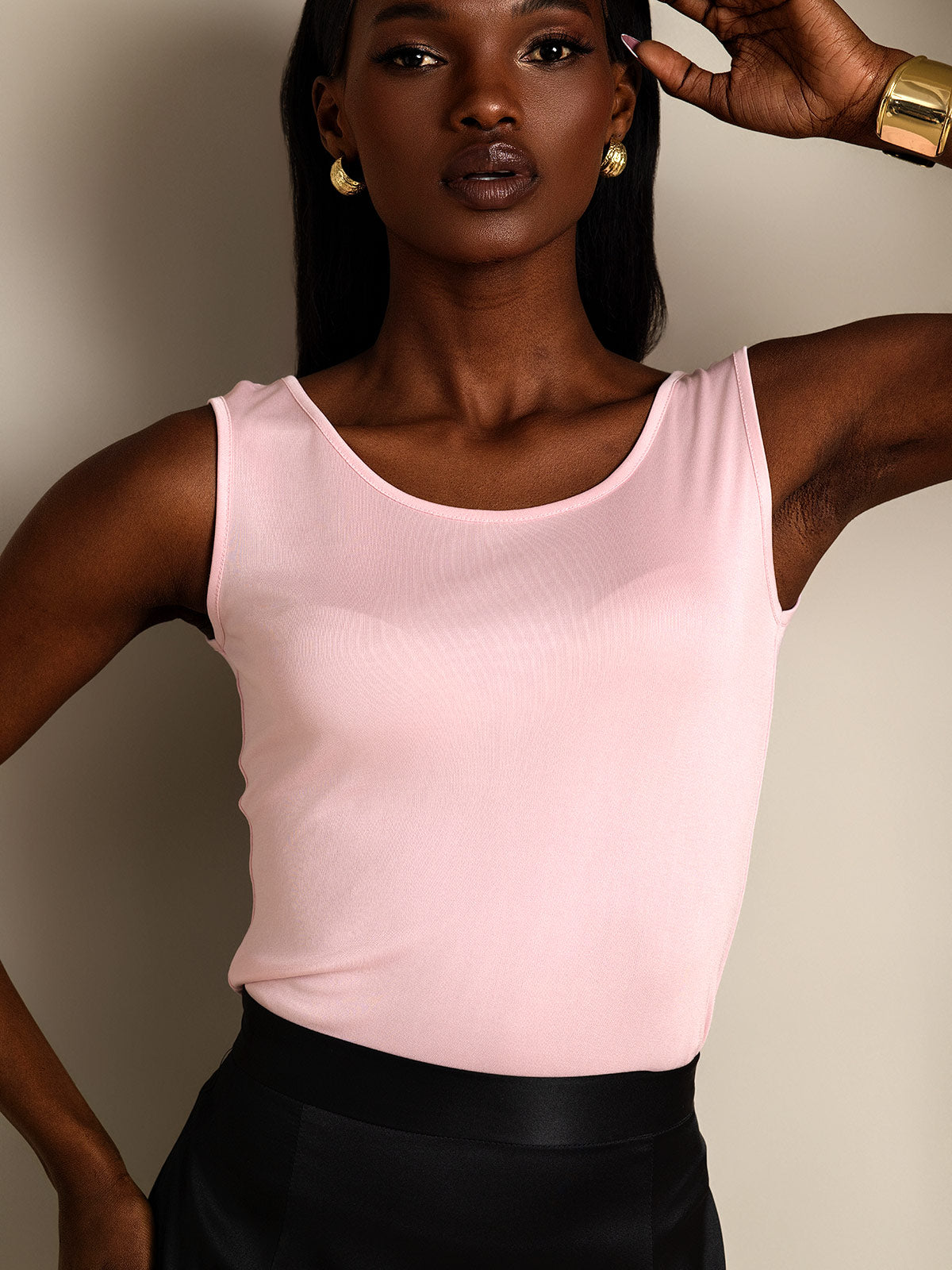 [Rosa] SilkSilky-SE Silke Stickad Ärmlös Round Neck Dam T-Shirt 003