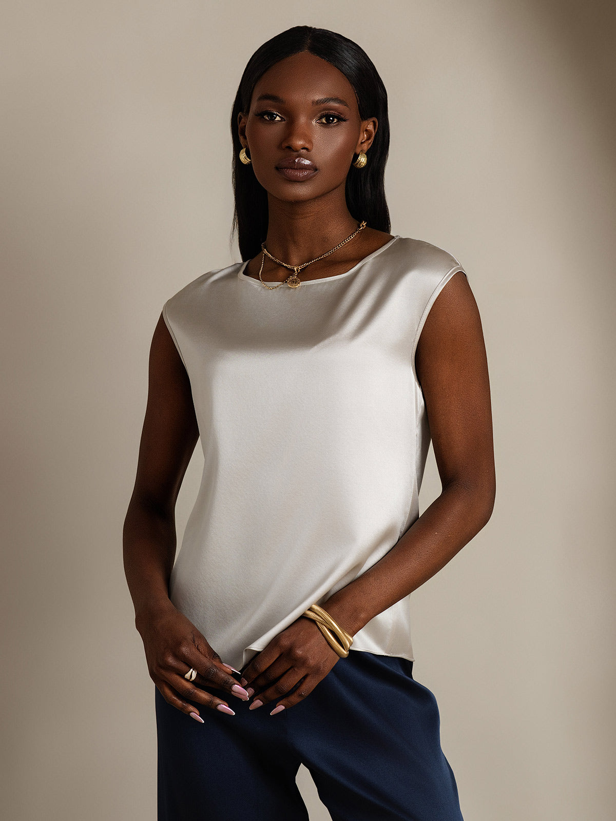 [Ljusgrå] SilkSilky-SE 19Momme Silke Womens T-Shirt 003
