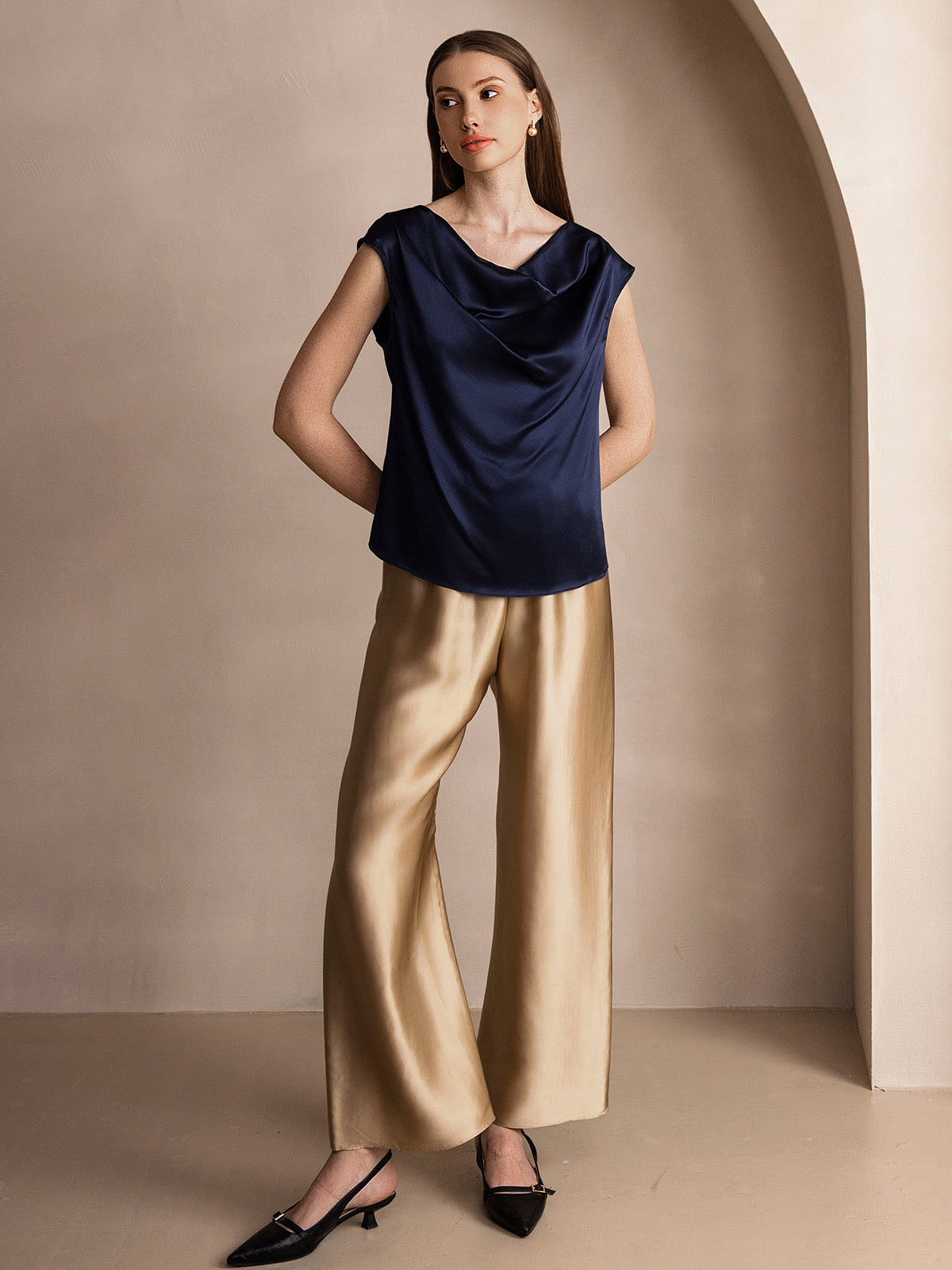 [Mörkblå] SilkSilky-SE 19Momme Silke Womens T-Shirt 008