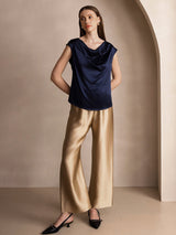 [Mörkblå] SilkSilky-SE Cap Sleeve Cowl Neck Dam T-Shirt 008