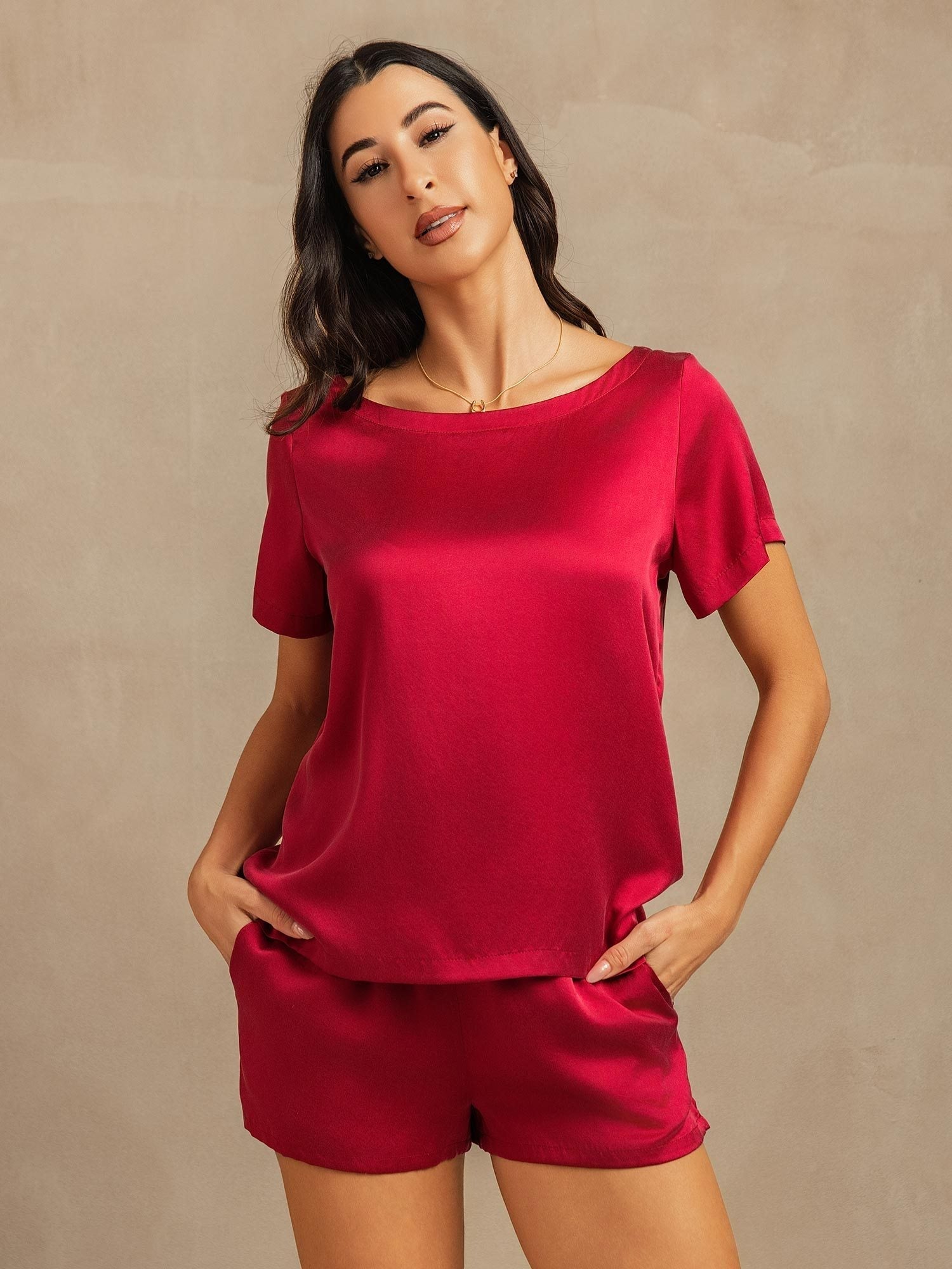 [Vin] SilkSilky-SE 19Momme Kort Ärm Rund Halsringning Dam Pyjama 001