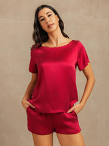 [Vin] SilkSilky-SE 19Momme Kort Ärm Rund Halsringning Dam Pyjama 001
