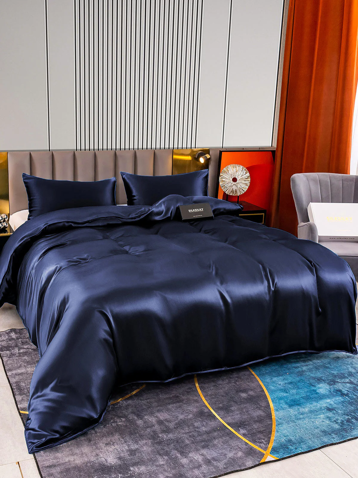 [Mörkblå] SilkSilky-SE 22Momme Rent Silke Bedding Set 004,