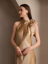 [Champagne] SilkSilky-SE 19Momme Stretch Silk Charmeuse Sleeveless Halter Klänning 004