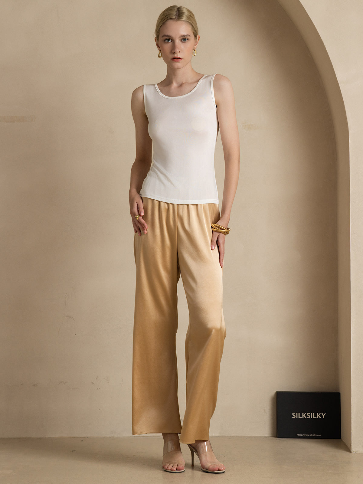 [Vit] SilkSilky-SE Silke Stickad Ärmlös Round Neck Dam T-Shirt 006